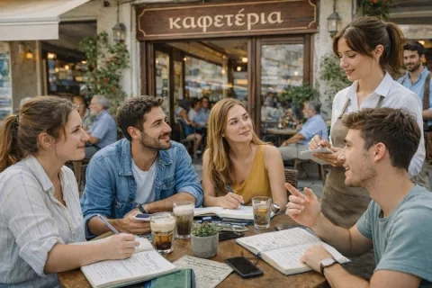 Students participating in experiential Greek learning in Thessaloniki, combining classroom preparation with real-world interaction to support immersion-based fluency