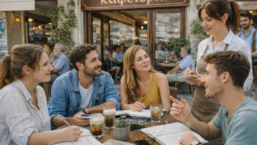 Students participating in experiential Greek learning in Thessaloniki, combining classroom preparation with real-world interaction to support immersion-based fluency
