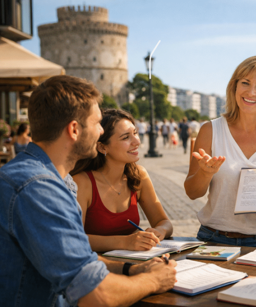 Students attending a Greek immersion course in Thessaloniki, practicing language skills outdoors near the White Tower waterfront