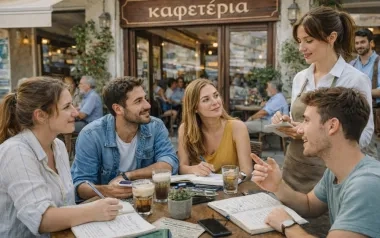Students participating in experiential Greek learning in Thessaloniki, combining classroom preparation with real-world interaction to support immersion-based fluency