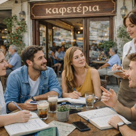 Students participating in experiential Greek learning in Thessaloniki, combining classroom preparation with real-world interaction to support immersion-based fluency